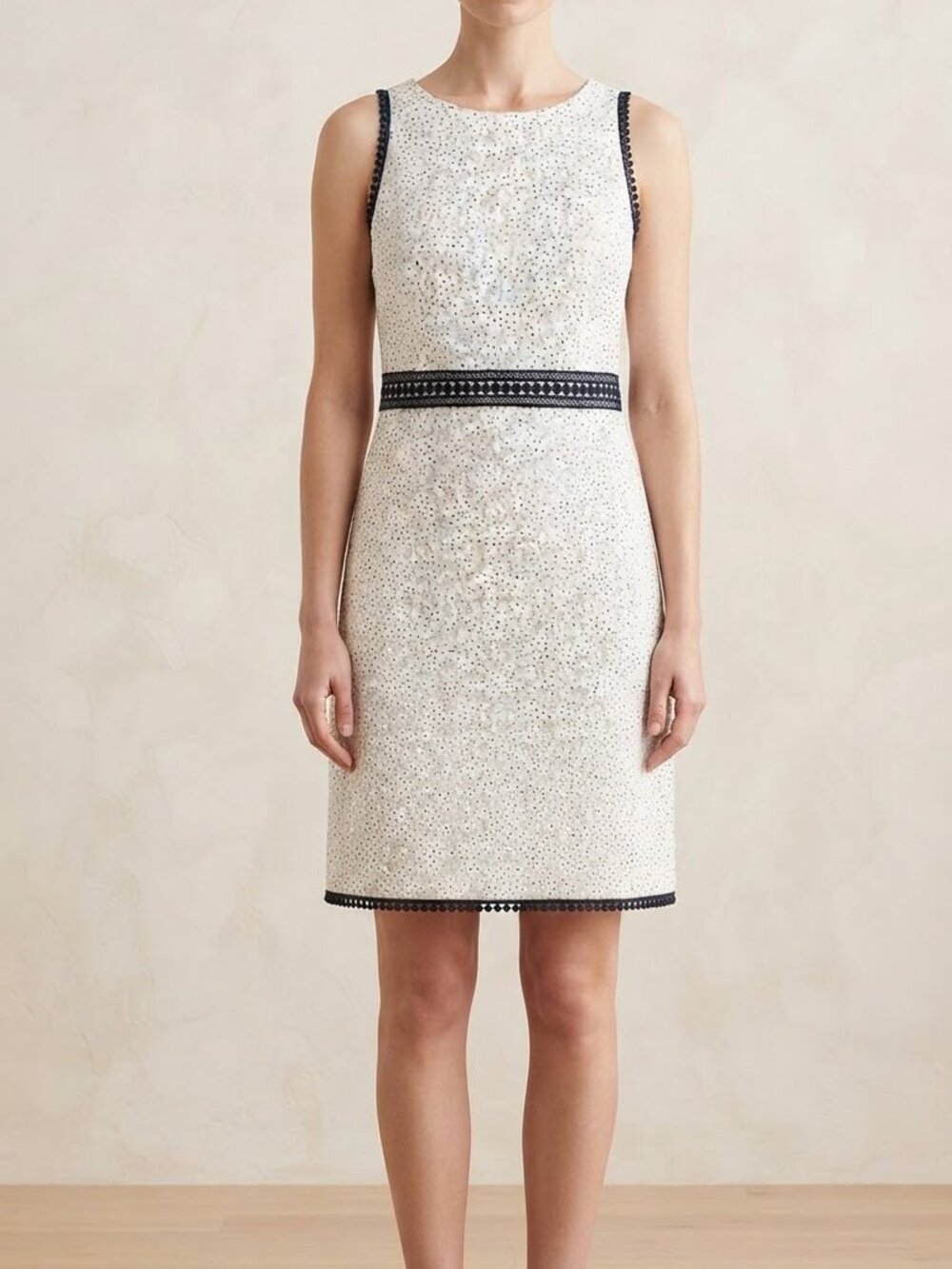 Ann Taylor White Lace Sheath Dress with Black Trim